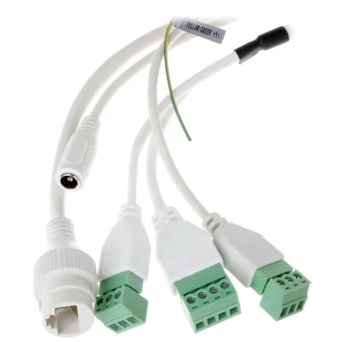 The image shows a set of white camera connectors with multiple green terminal blocks and a DC power connector. These connectors are designed for integrating alarm systems with security cameras.