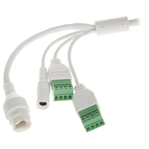The image shows a white camera connector cable with multiple outputs, including two green terminal blocks and a power connector. The design facilitates easy connection for surveillance systems, ensuring reliable data and power transmission.