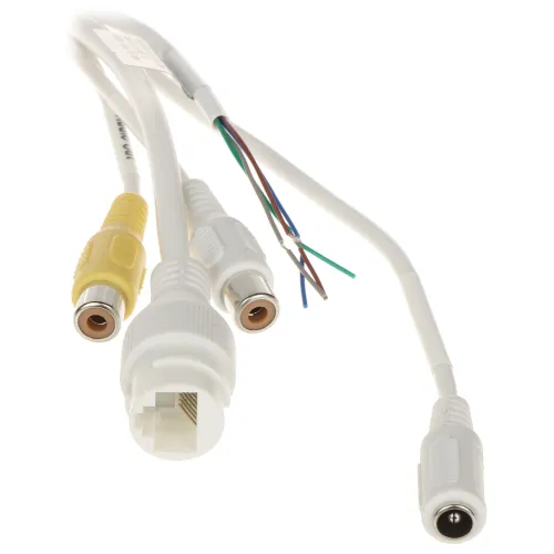A set of camera connectors featuring various plugs, including RCA and Ethernet, with exposed wires for versatile connectivity. The connectors are designed for easy integration into security camera systems.