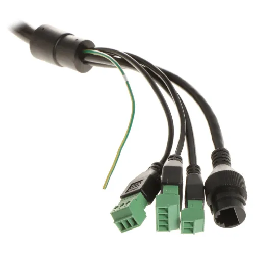 The image shows a set of black cables with green terminal connectors and a black circular connector, designed for camera connections. The cables are bundled together, with one wire exposed, indicating versatility for various electronic setups.