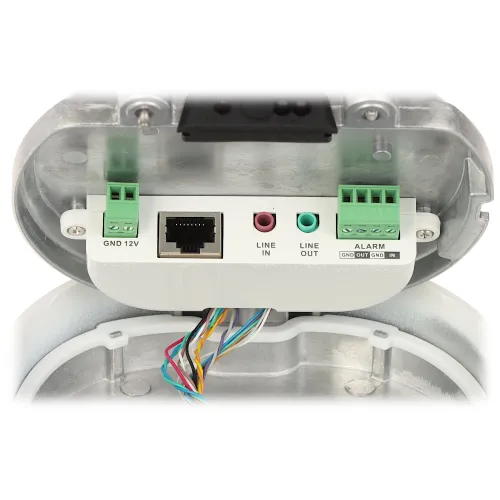 The image shows the internal connections of a security camera, featuring various ports including an Ethernet port, audio line-in and line-out jacks, and alarm connectors. The wiring is neatly organized, highlighting the camera's capability for integrated communication and security functions.