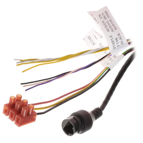 The image shows a set of multicolored wires with labeled connectors, designed for camera audio and video connections. The connectors include a black circular plug and an orange multi-pin plug, suitable for various electronic setups.