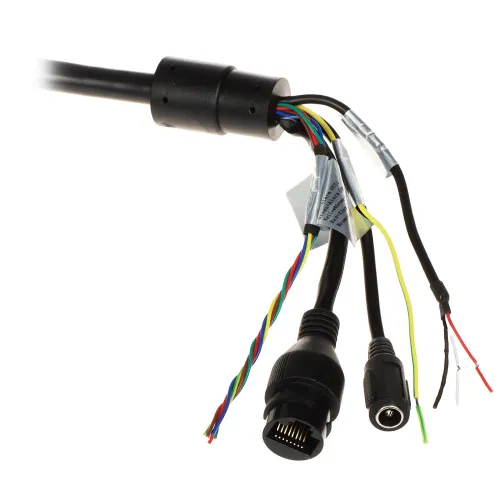 A close-up of a multi-colored wiring harness with various connectors, including a black circular connector and a smaller cylindrical plug. The cables are bundled together with labels and protective coverings, showcasing their use for camera connections.