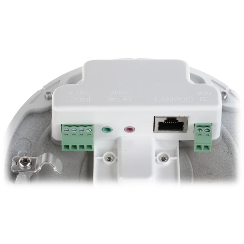 The image shows the back panel of a security camera featuring various connection ports, including LAN (PoE), audio in/out, alarm, and DC 12V. The ports are clearly labeled and include green terminal blocks for easy wiring.