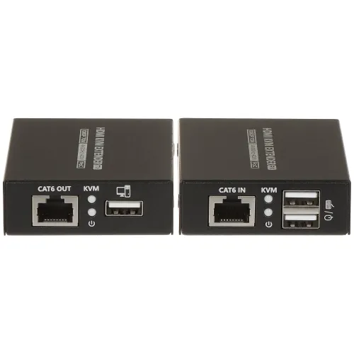 The image shows two black HDMI KVM extenders, each featuring multiple ports including USB and Ethernet connections. The extenders are labeled for transmitter (TX) and receiver (RX) functions, designed for extending HDMI signals over long distances.
