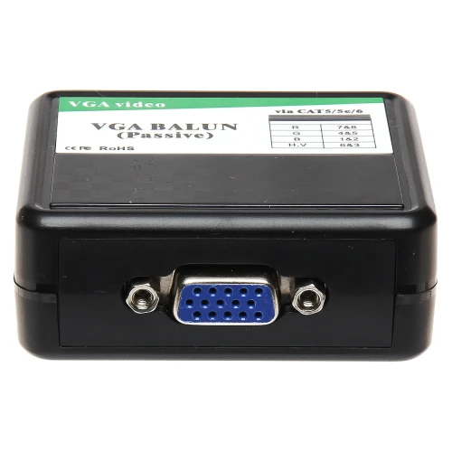A black VGA balun with a blue VGA connector is designed for passive video transmission over CAT5/5e/6 cables. The device features labeled ports and compliance markings on its surface.