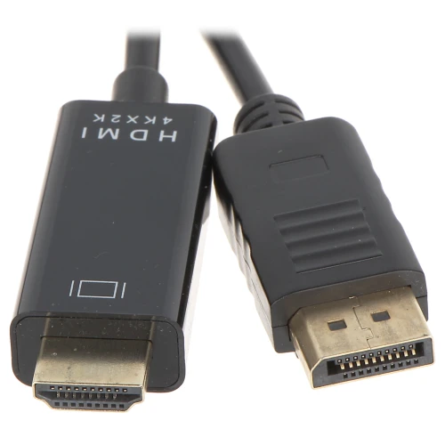 A black HDMI to DisplayPort adapter cable with a sleek design is shown, featuring gold-plated connectors for optimal signal transfer. The cable is designed for high-definition video and audio transmission, supporting 4K resolution.