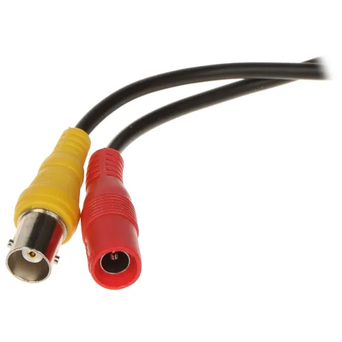 The image shows two audio-video cables with distinct connectors: a yellow RCA plug and a red DC power plug. Both cables are black and designed for connecting electronic devices.