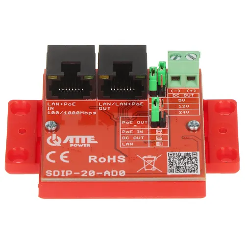 The image shows a red circuit board with two Ethernet ports labeled "LAN/PoE IN" and "LAN/PoE OUT," designed for power over Ethernet applications. It features multiple power output options, including 5V, 12V, and 24V, with clear labeling for easy installation.