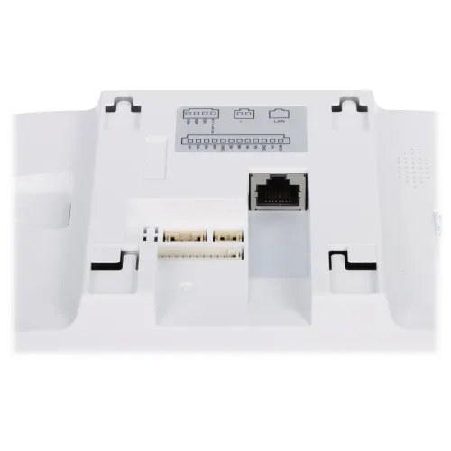 The image shows the back panel of a white electronic device featuring multiple connection ports, including a LAN port and several smaller connectors. The layout is designed for easy access and integration with various network and power systems.