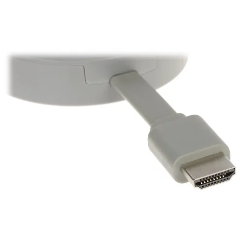 The image shows a gray HDMI cable with a sleek, modern design, featuring a durable connector for reliable audio and video transmission. The cable is attached to a circular base, suggesting a compact and efficient setup for electronic devices.