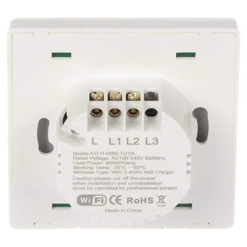 The image shows a white smart wall switch with multiple connection terminals labeled L, L1, L2, and L3, designed for controlling electrical circuits. It features WiFi connectivity and is compatible with 2.4GHz networks, suitable for smart home integration.