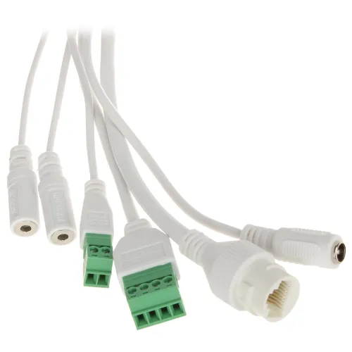 A set of white cables featuring various connectors, including green terminal blocks and audio jacks. The cables are designed for versatile connectivity in electronic or audio-visual setups.