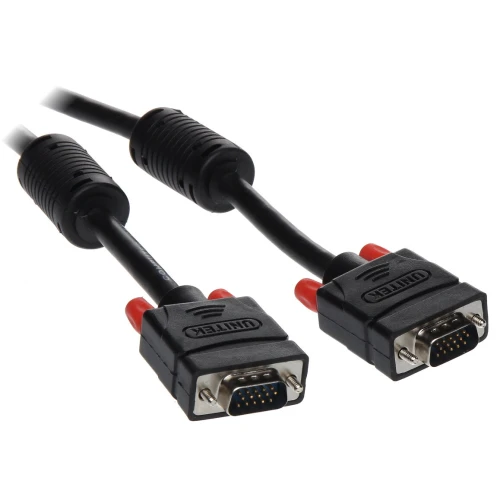 A black VGA cable with two connectors featuring metal pins and red securing clips is shown. The cable includes ferrite cores for noise reduction, enhancing signal quality.