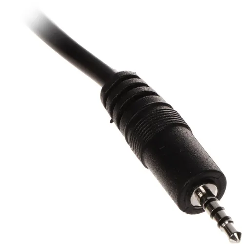 A close-up image of a black audio jack connector with a ribbed grip and a metallic tip. The connector is attached to a black cable, shown against a white background.