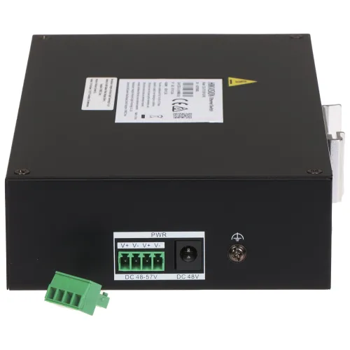 A black electronic device with multiple power connection ports, including a green terminal block and a DC input. The back panel features labeled connections for easy installation and integration.