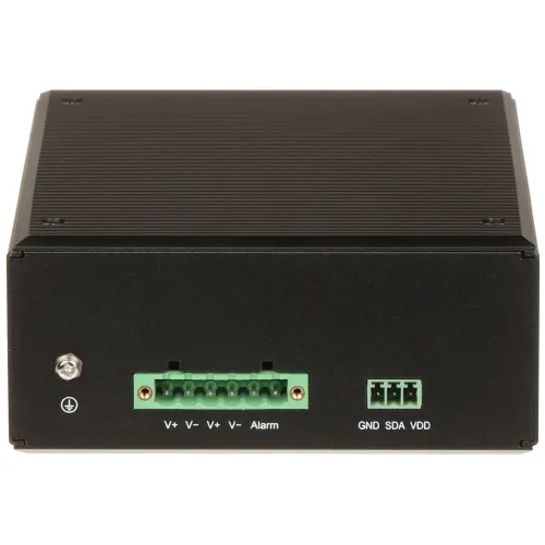 A black electronic device with a ribbed surface features multiple connection ports, including a green terminal block labeled with power and alarm indicators. The side panel also includes additional ports labeled GND, SDA, and VDD for various connectivity options.
