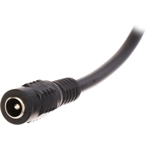 A close-up of a black power connector cable with a cylindrical plug and textured grip. The cable is shown extending from the connector, highlighting its flexibility and durable design.