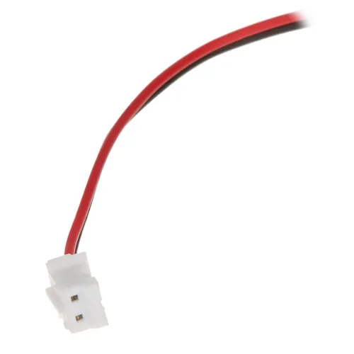 A close-up of a two-pin white connector attached to red and black wires. The connector is designed for electronic or electrical applications, providing a secure and reliable connection.