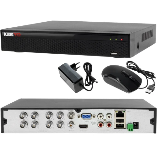 A black digital video recorder with multiple input and output ports is shown alongside a power adapter and a USB mouse. The recorder features a sleek design with indicator lights and a USB port on the front panel.